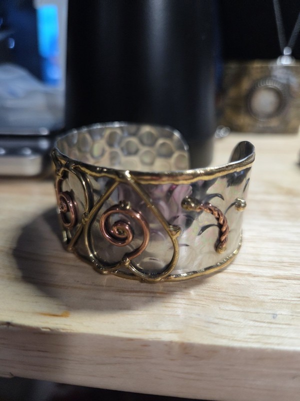Wide Mixed Metal Heart Cuff Bracelet Gold Copper Silver Tone Scroll 7.25" gallery
