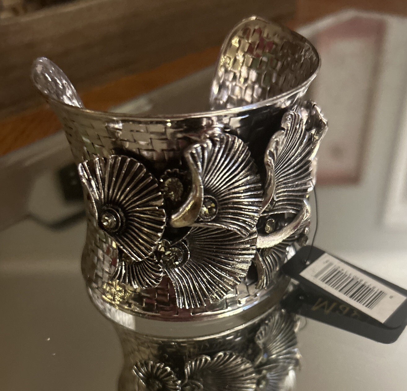 The Magic Scarf Company NWT Chunky Silver Floral Large Cuff Bracelet, 2.5” Wide gallery