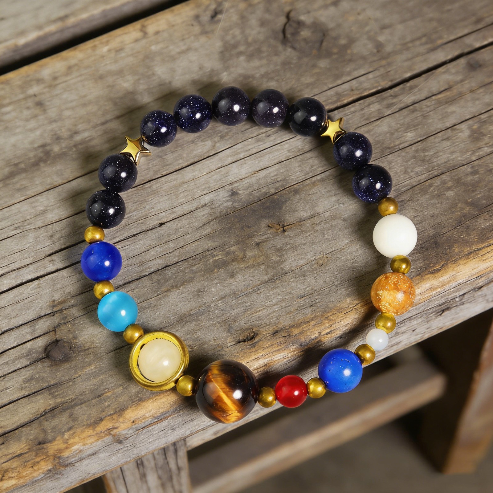 Solar System Stretch Bracelet Natural Blue Goldstone 8 Planets Guardian Jewelry gallery