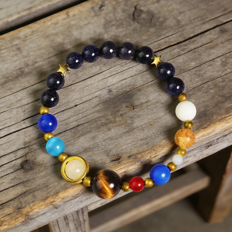 Solar System Stretch Bracelet Natural Blue Goldstone 8 Planets Guardian Jewelry gallery