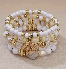 4Pc TREE OF LIFE FILAGREE HEART CHARM BANGLE GOLD VERMEIL CRYSTAL BRACELET SET