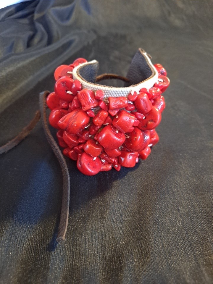 Lucky Brand Wide Red Faceted Chunky Boho Bead Woven Wrap Bracelet Large