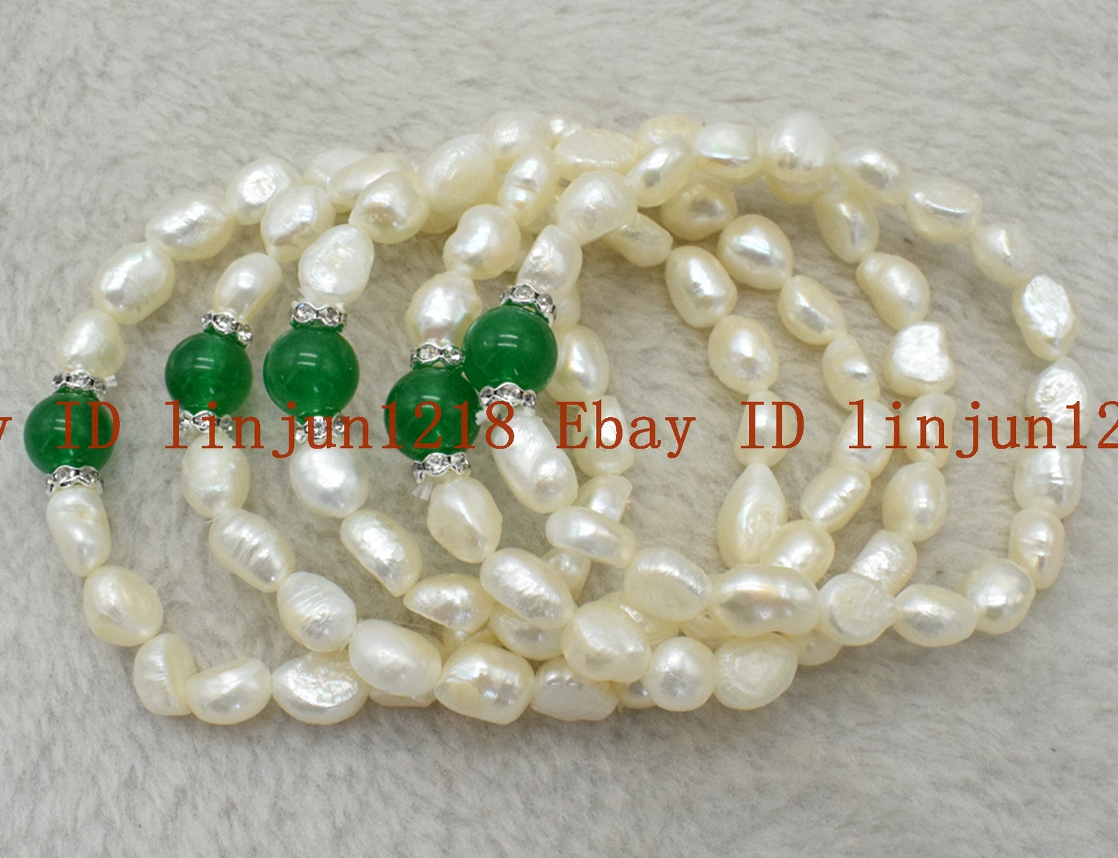 5Pcs Natural 7-8/8-9/9-10mm White Pearl 10mm Green Jade Bracelet 7.5 in gallery