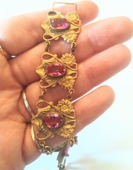 Vintage Art Nouveau Style Link Bracelet Pink Facated Lucite Gems GLF 8 Inches