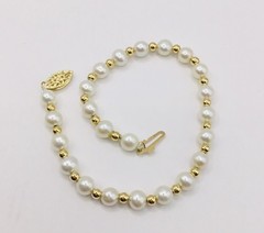 14K Yellow Gold Pearl Bracelet 4.5g, 3mm Gold Beads, 5mm Pearls, WS 7″ Box Clasp