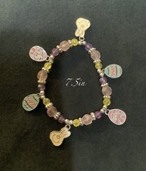 Bunny Rabbit & Egg Bracelet 7.5 Inches + Stretch Multicolor Pink Purple Teal