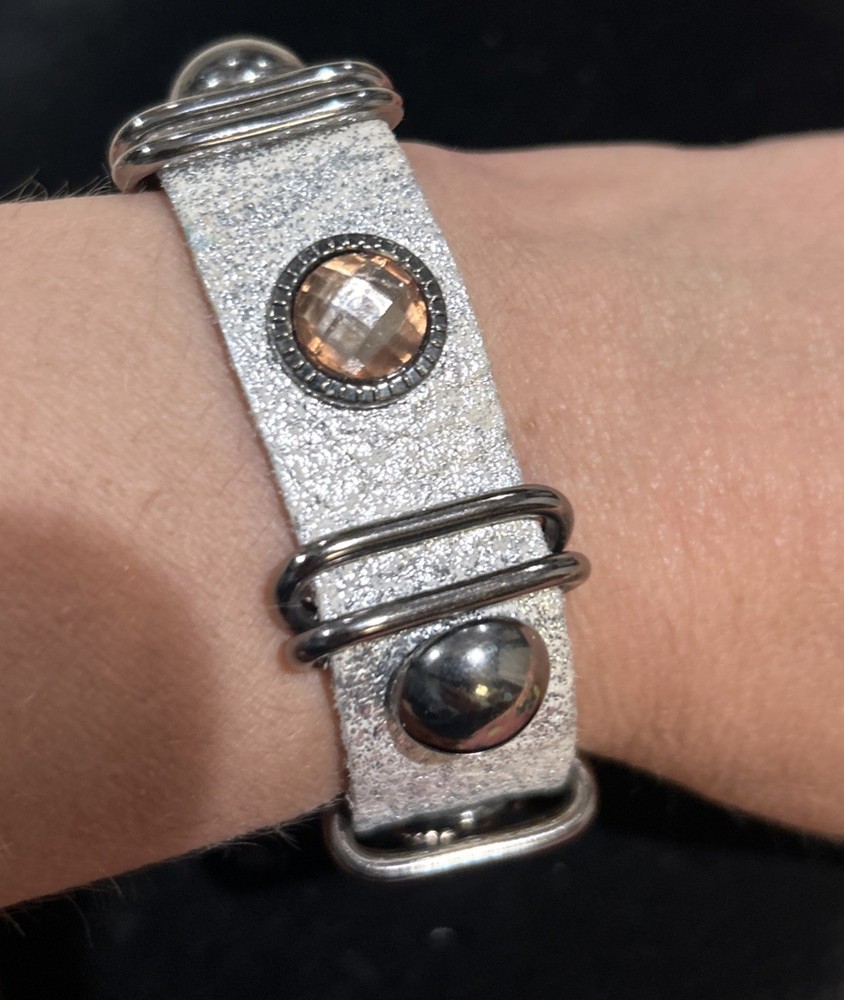 King Star Snap Button Leather Bracelet Silver Studded Rhinestone 8”