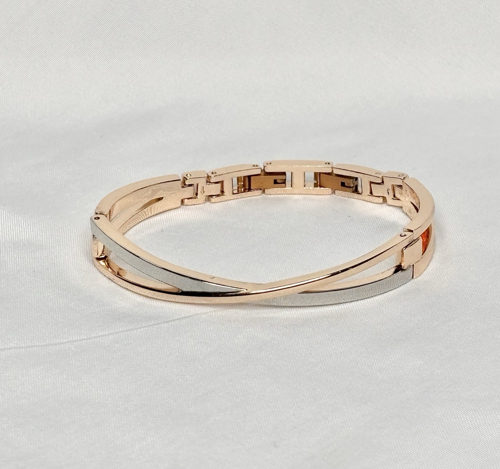 Two-Tone Rose Gold & Silver Crisscross Metal Bangle Bracelet gallery