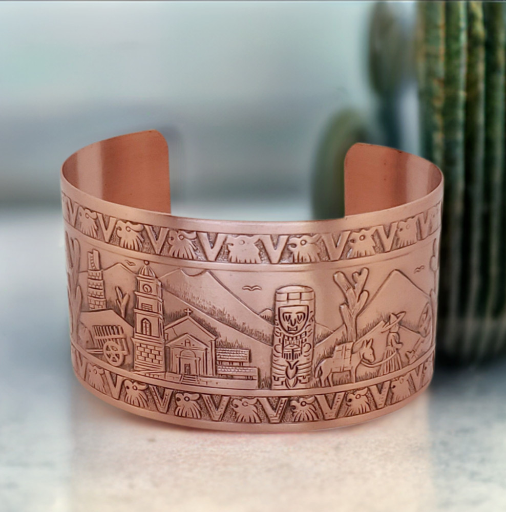 Solid Copper Adjustable Cuff Bracelet with Embossed Mexican Motif Antique Finish