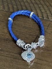 Judith Ripka 925 Silver Blue Topaz Heart Charm Blue Leather Bracelet