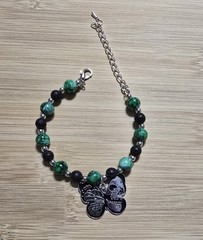 Green, Black, and Silver Bead Bracelet with Moth Charm
