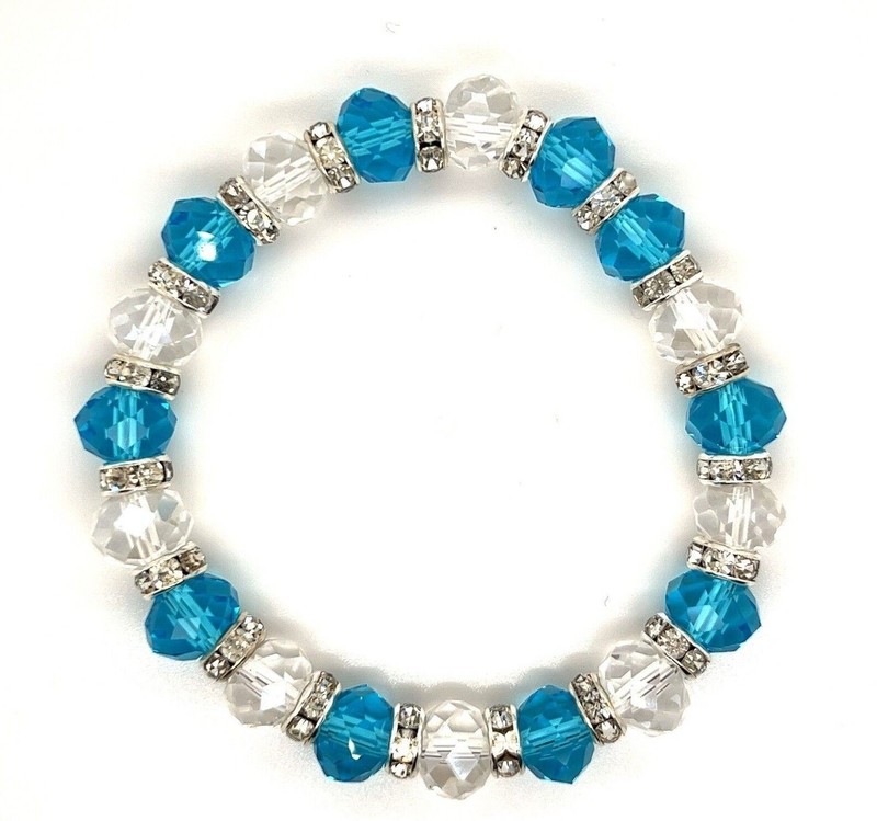 Light Blue & Clear Faceted Resin Crystal Beaded Stretch Bracelet Austrian Czech gallery