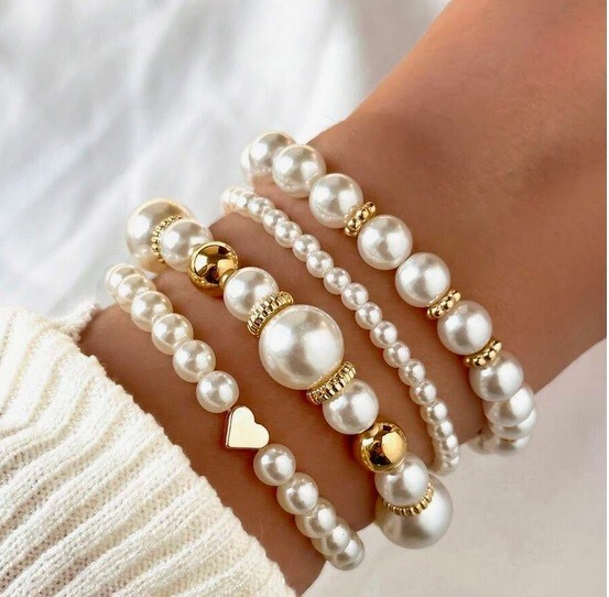 Zara new 18K Gold plated bracelet 4 pieces pearl & gold beads sale size 18 cm