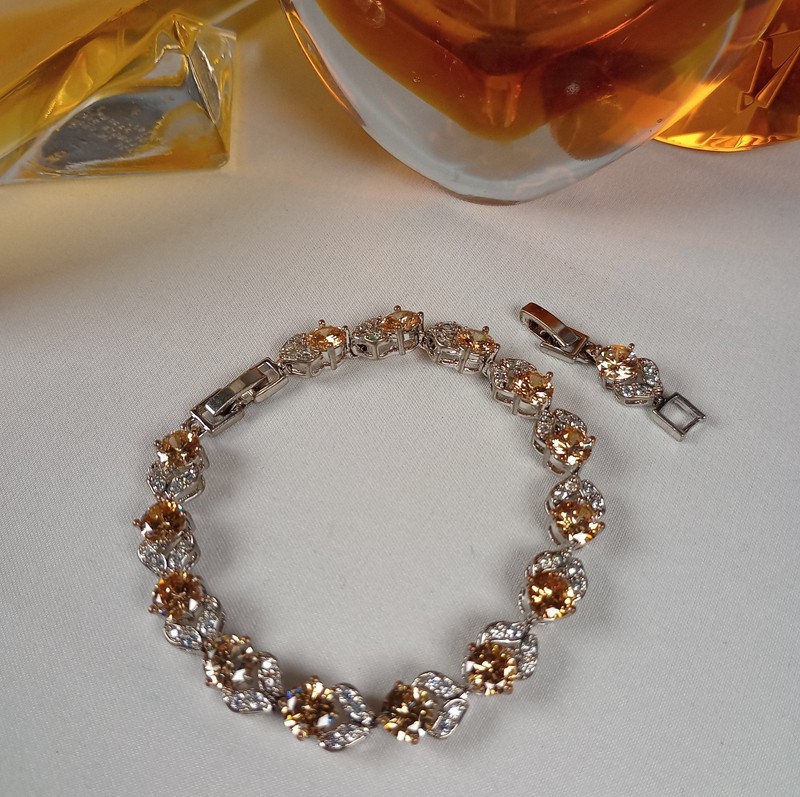 Silver Tone Champagne Rhinestone Tennis Bracelet 7" Elegant Formal Jewelry gallery