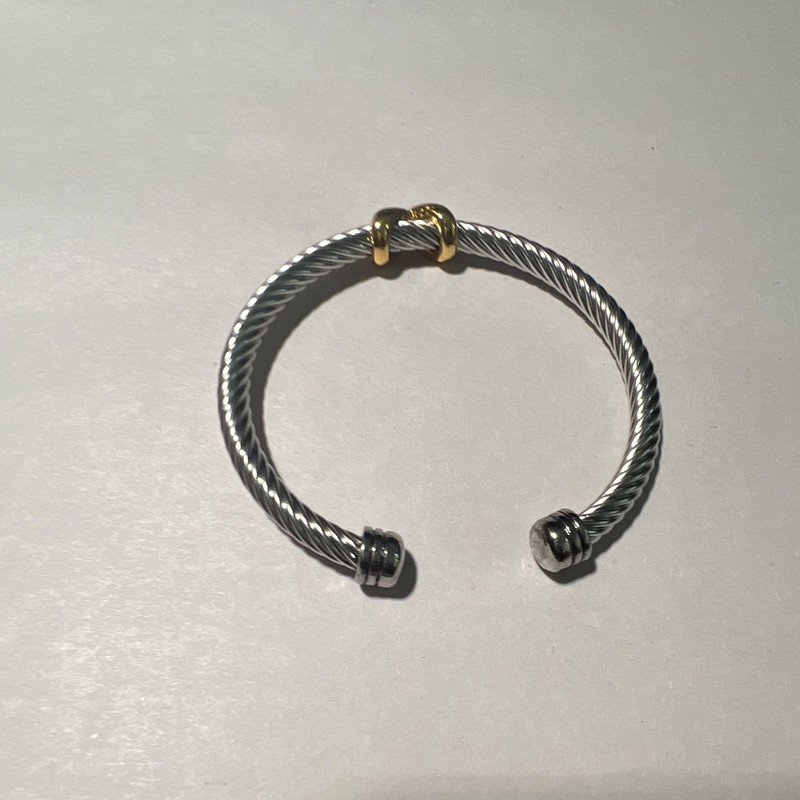 Two-Tone Metal Twisted Wire Cable Cuff Bangle Bracelet, Gold Knot, Stackable gallery