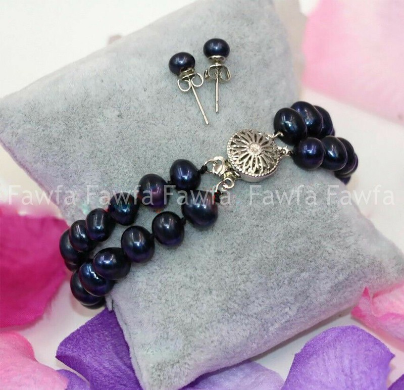 2 Rows 7-8/8-9/9-10mm Black Akoya Cultured Pearl Bracelet Earrings Set 7.5-8'' gallery