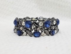 New! Dark Blue and White Crystal In Gunmetal Setting 7/8″ Wide Stretch Bracelet