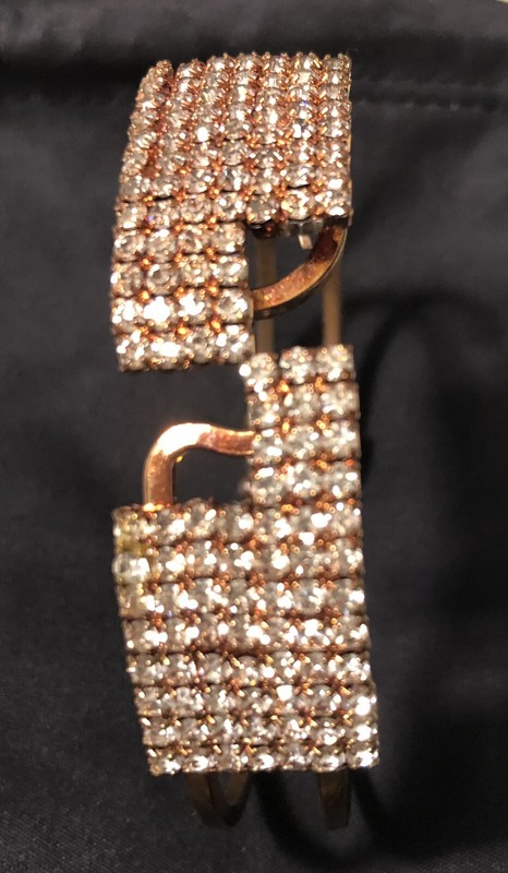 Rhinestones Hinged Bracelet 5/8 X 3”Two Ring Copper On Bottom Opens In Center gallery