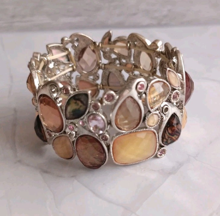 Silver Tone Stretchy Cuff Bangle Multi Colour/Shape Rhinestones VGC gallery