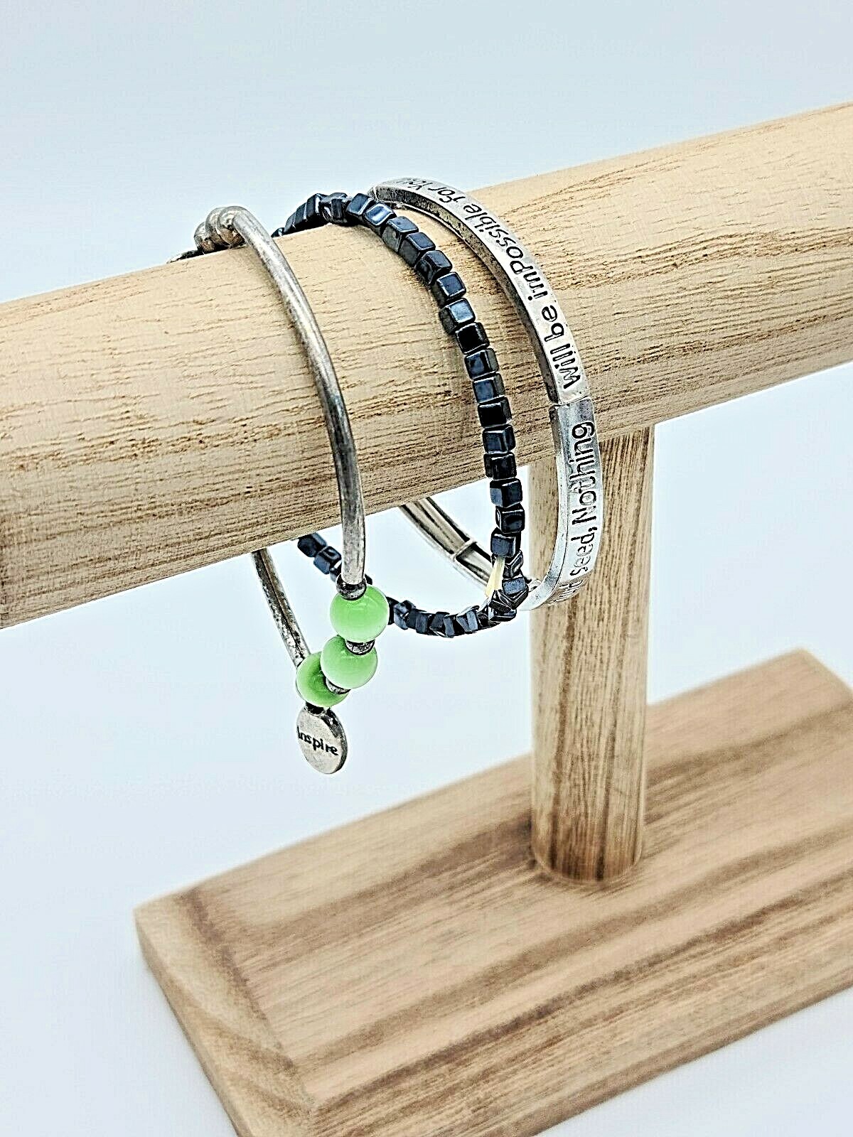 3 Pc Bracelet Lot Butterfly & Green Moonstone, Tree of Life Charm & Black Beaded gallery