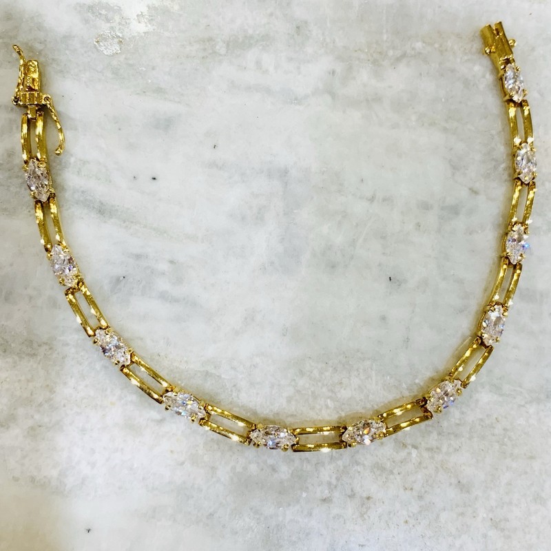 VTG Paperclip CZ Tennis Bracelet Gold Plated Cubic Zirconia 2 safety Signd 7.75” gallery