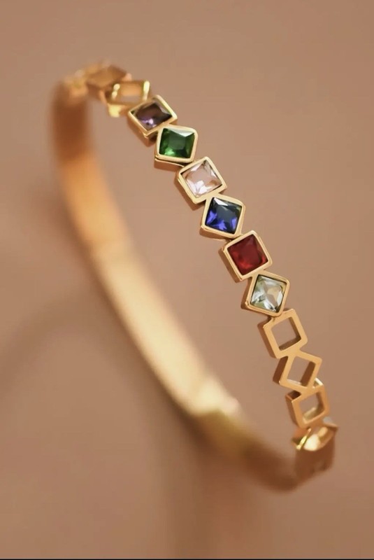 Gold Tone Stackable Bangle Bracelet Bezel Square Multicolor Crystal Stones gallery