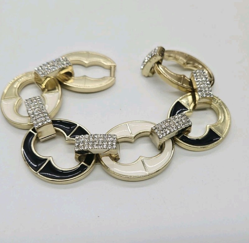 Kirks Folly Link Bracelet Oval Black and White Enamel Crystal Accent Gold tone gallery