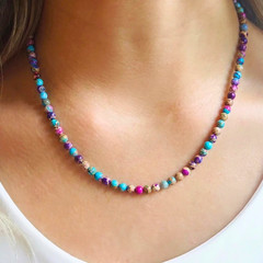 Natural Galaxy Jasper Necklace 4mm Small Bead Choker Dainty Minimalist Jewelry