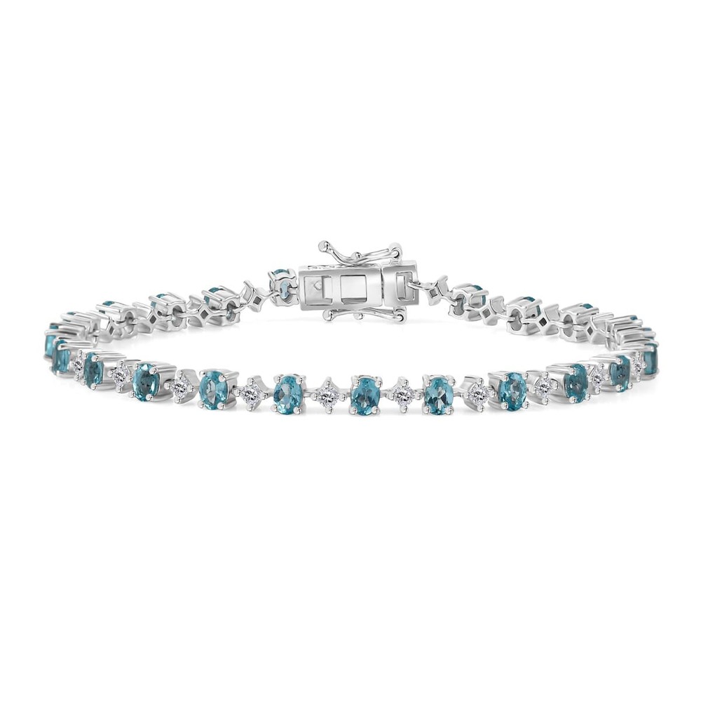 5.60ctw Premium Betroka Blue Apatite & Moissanite Bracelet Rhodium Plated 7.25"