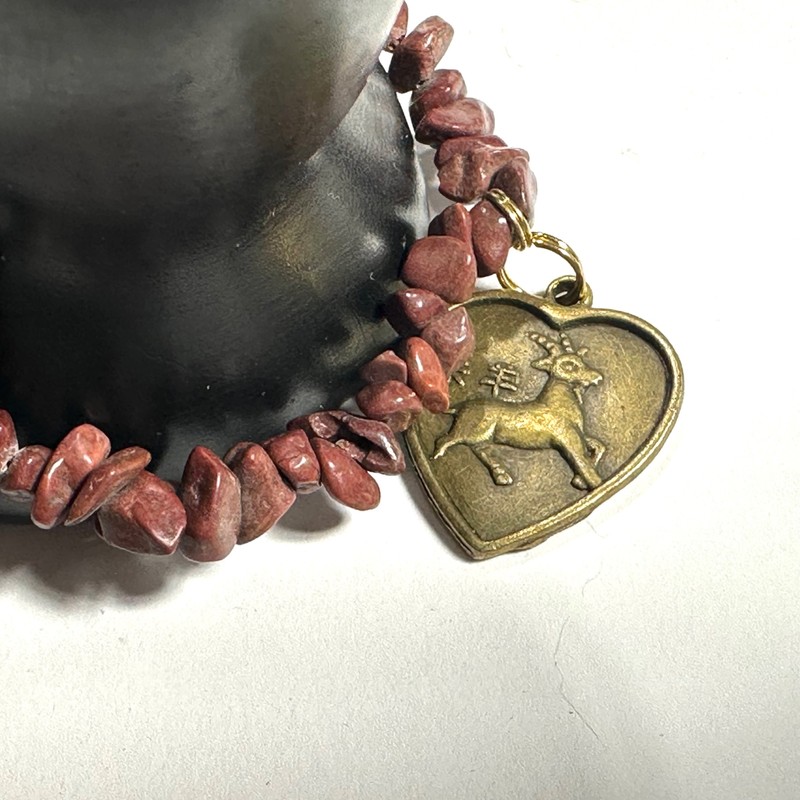 Chinese Goat Sign Charm Stretch Bracelet Natural Dark Reddish Brown Stone Chips gallery
