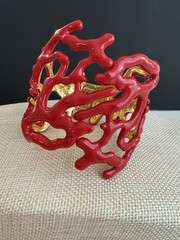 Kenneth Jay Lane KJL Red Enamel Coral Branch Hinged Statement Cuff Bracelet