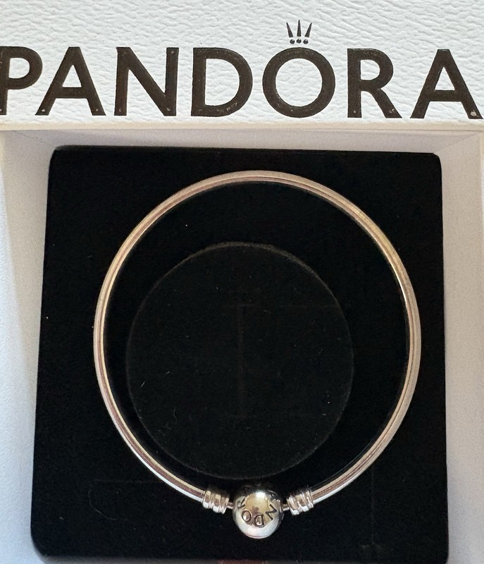 PANDORA Sterling Silver Snake Chain Charm Bangle Bracelet Ball Logo Clasp Signed gallery