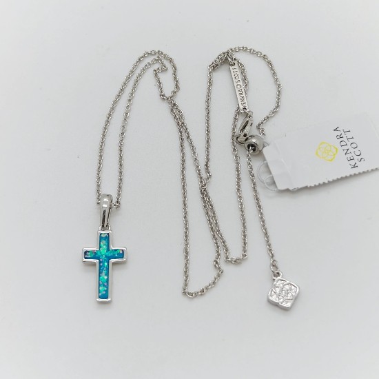 New Kendra Scott Cross Silver Pendant Necklace in Blue Periwinkle Opal gallery