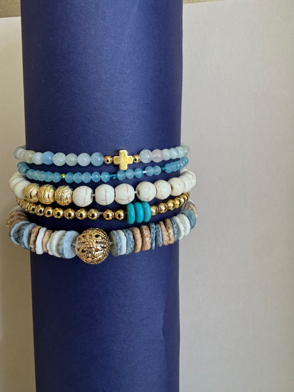 womens 5 piece white, gold, blue and turquoise bracelet gallery