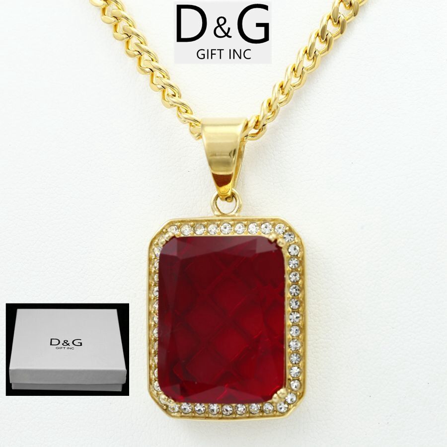 DG Men's 24" Stainless Steel,Red Charm Cubic Zirconia Curb Chain Gold plated*BOX gallery