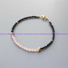 Faceted 3mm Black Spinel & 4mm Pink Jade Round Gemstone Beads Bracelet 7.5 Inch