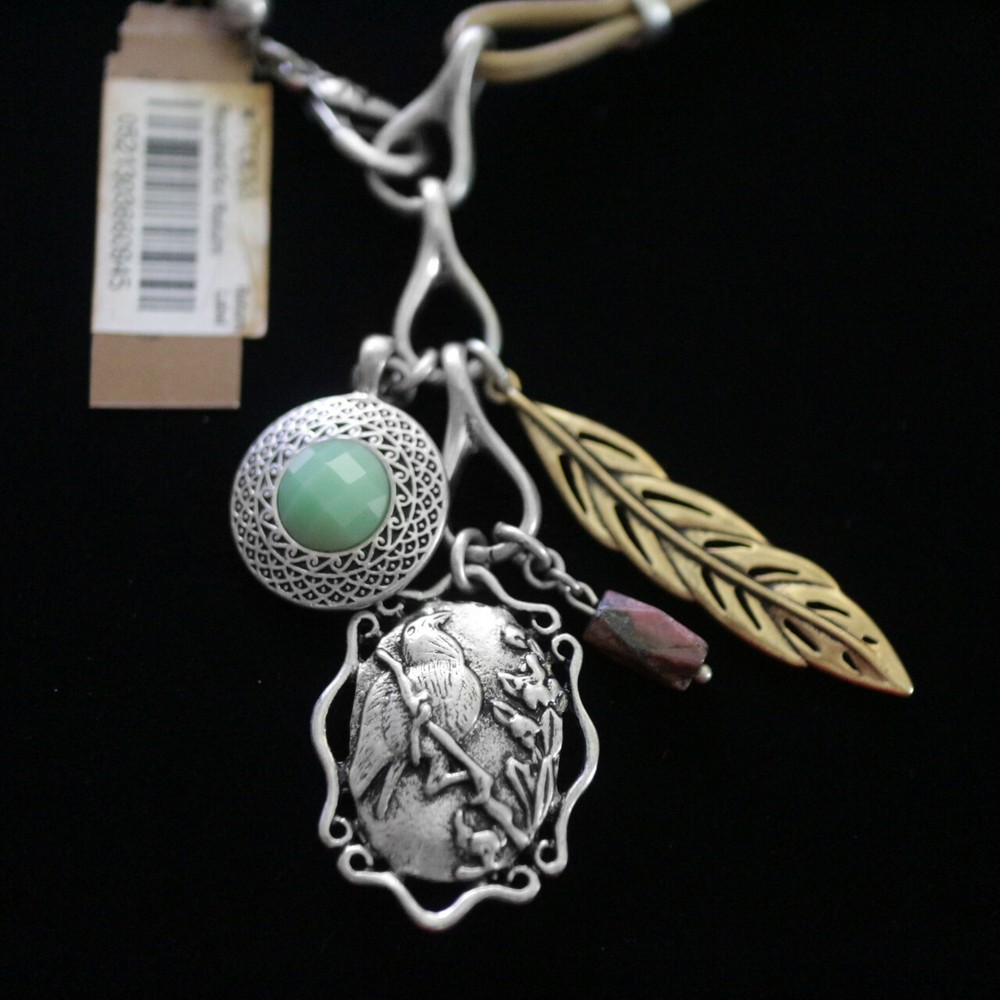 NWT LUCKY BRAND Leather Necklace Bird Feather and medallion Pendant NEW $45