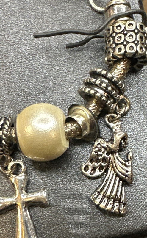 Charm Bracelet silver tone heart clasp Angel Cross religious love beaded gallery