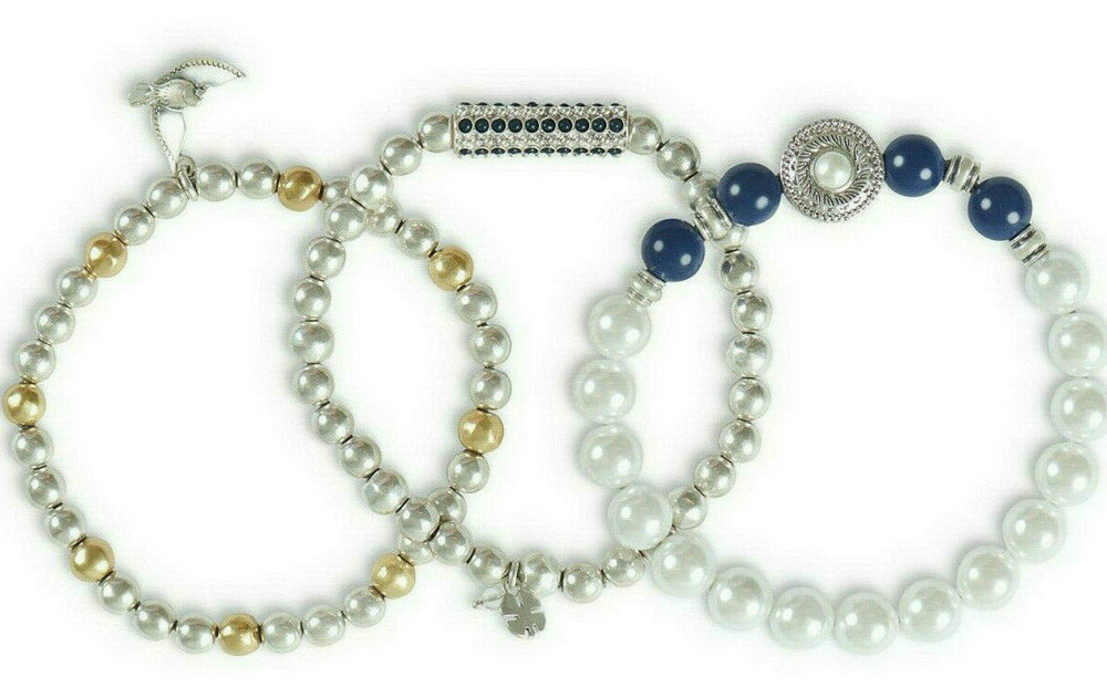 Lucky Brand Blue Lapis & Pearl Bird Stretch Bracelets Two-Tone 3 Pc NWT