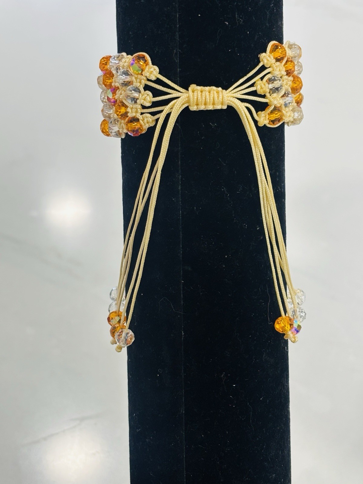 Handmade Wide Macrame Bracelet - 5-Row Orange & Clear Crystal Beads gallery