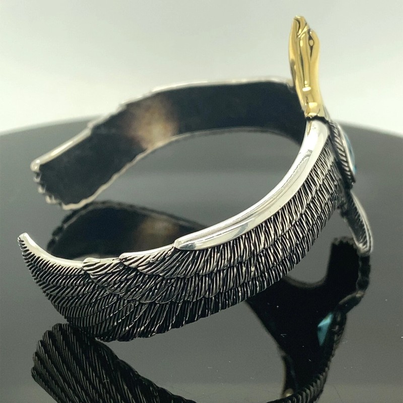 German Silver 925 Stamped Eagle Bracelet with Aquamarine Cuff Bangle gallery