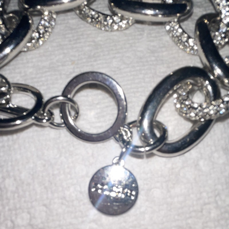 Silver Tone Oval Bar Link Bracelet Pavé Clear Crystal, Toggle, Disc Charm gallery