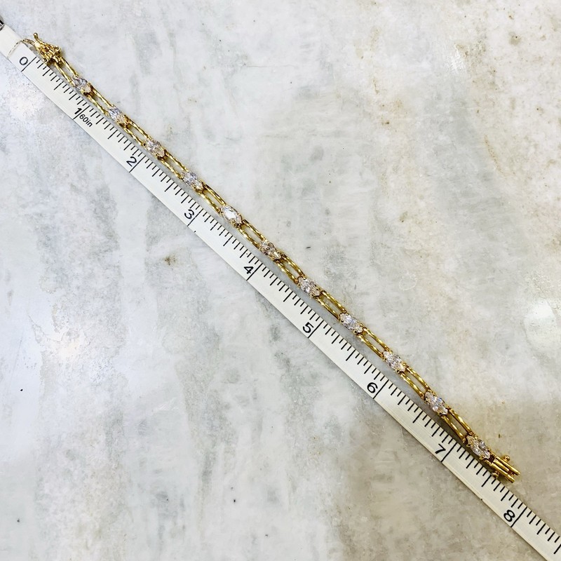 VTG Paperclip CZ Tennis Bracelet Gold Plated Cubic Zirconia 2 safety Signd 7.75” gallery