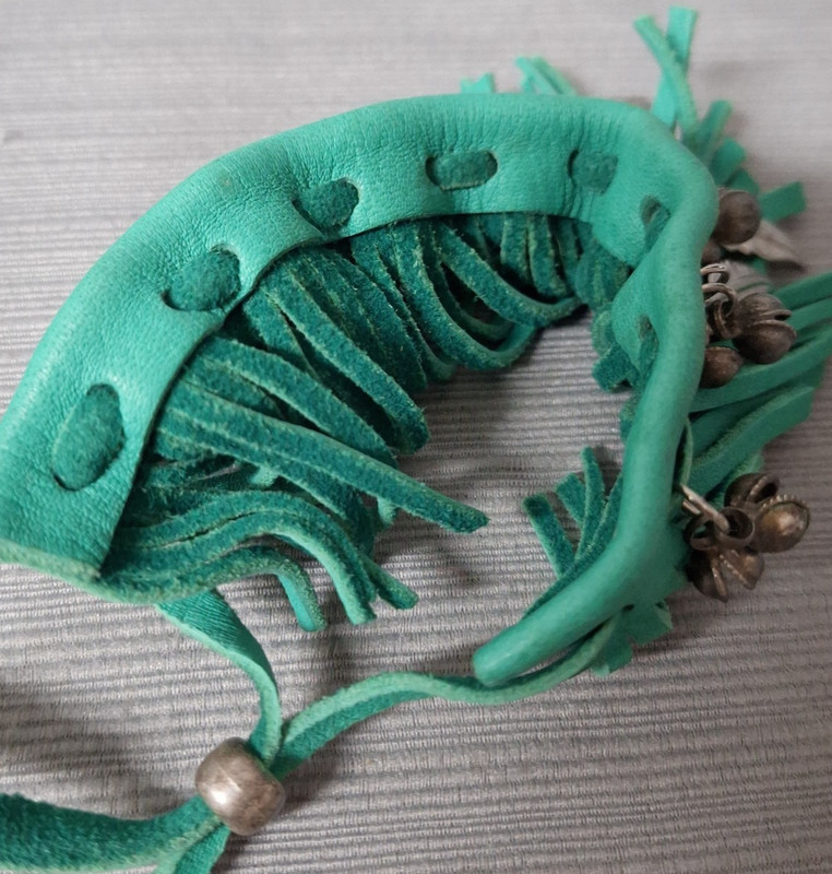 Pair of Faux Leather Bracelet Green Fringe Cuffs Bell Feather Bead Boho Festival gallery