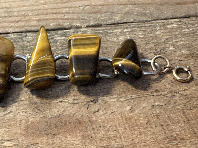 Vintage Tiger's Eye Nugget Link Bracelet Golden Brown Chatoyant Stone 7.5" Boho gallery