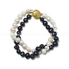 2 Rows 7-8mm South Sea White Black Freshwater Natural Pearl Bracelets 7.5”