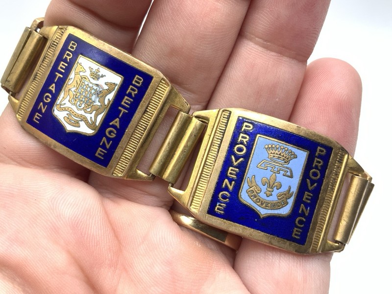 Vintage 1940s Estate Brass & Enamel France Souvenir 7” Panel Link Bracelet gallery