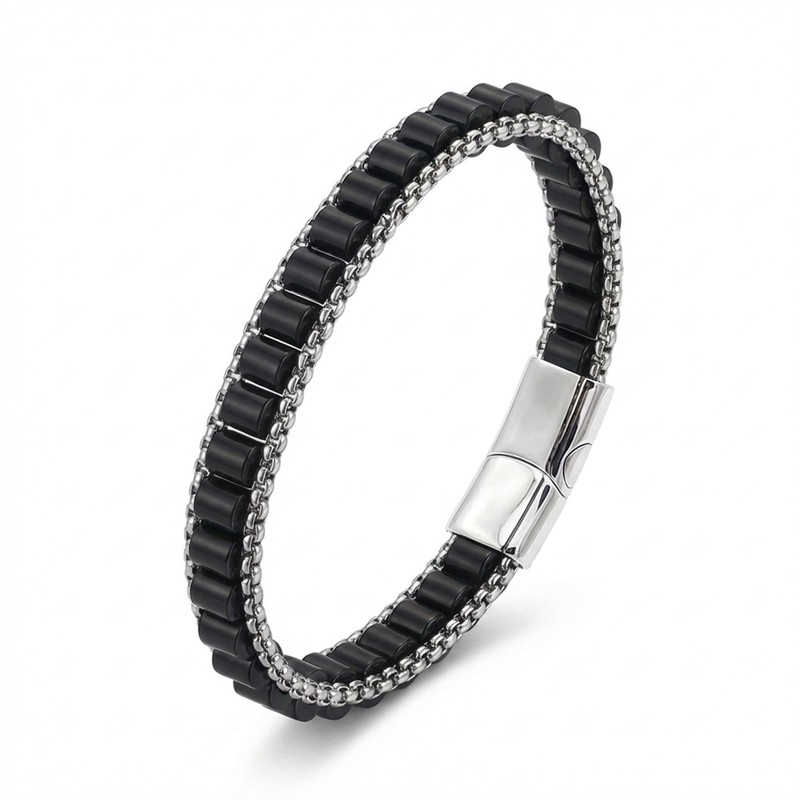 Onyx Gemstone Woven Chain Men's Stainless Steel Bracelet gallery