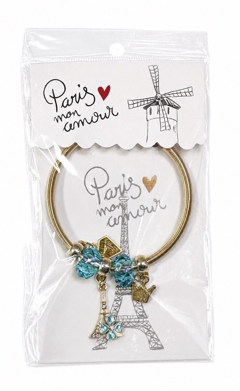 Paris Mon Amour Gold Tone Charm Bracelet Blue Crystal Beads Eiffel Tower Crown gallery