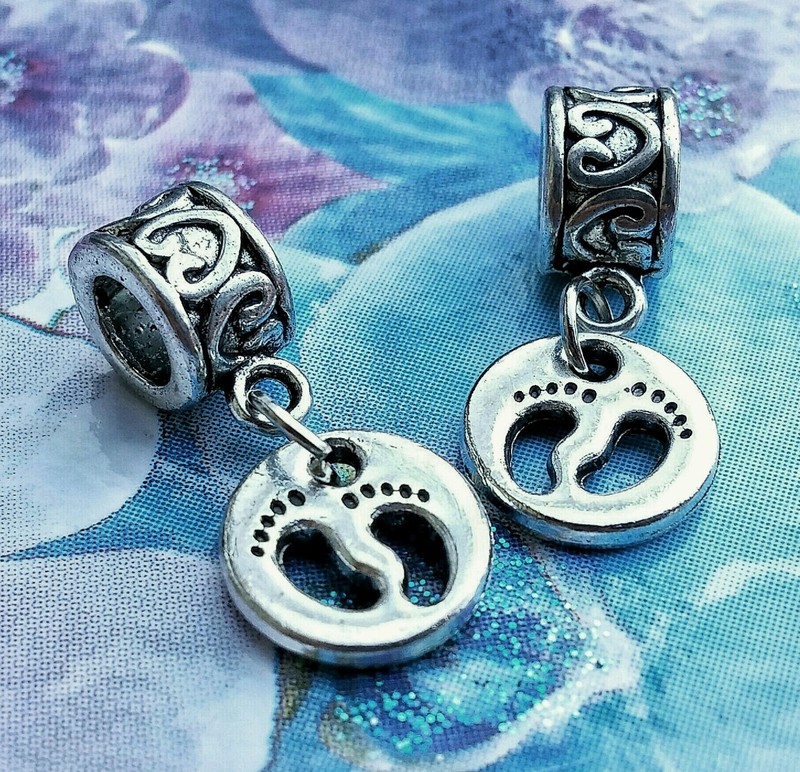 2 Silver Mother Loves Child Baby Footprints Feet European Dangle Charms Pendants gallery